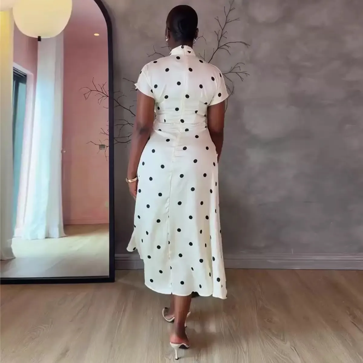 V-Neck Polka Dot Fitted Asymmetric Dress, photo 2